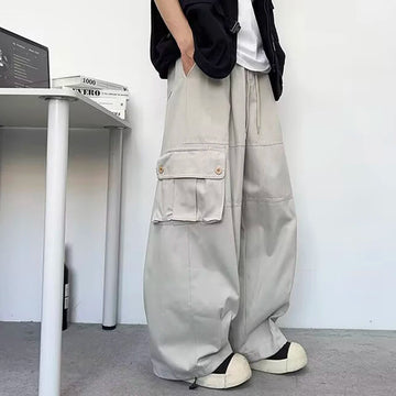 AIDASE  -  Men's Cargo Pants 2025 Summer New Simple Trendy Drawstring Solid Color Loose Casual Straight-leg Male Trousers 21E6956 aidase-shop